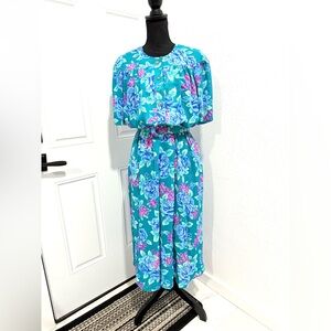 Vintage Leslie Fay Teal and Purple Floral Midi Dress 14